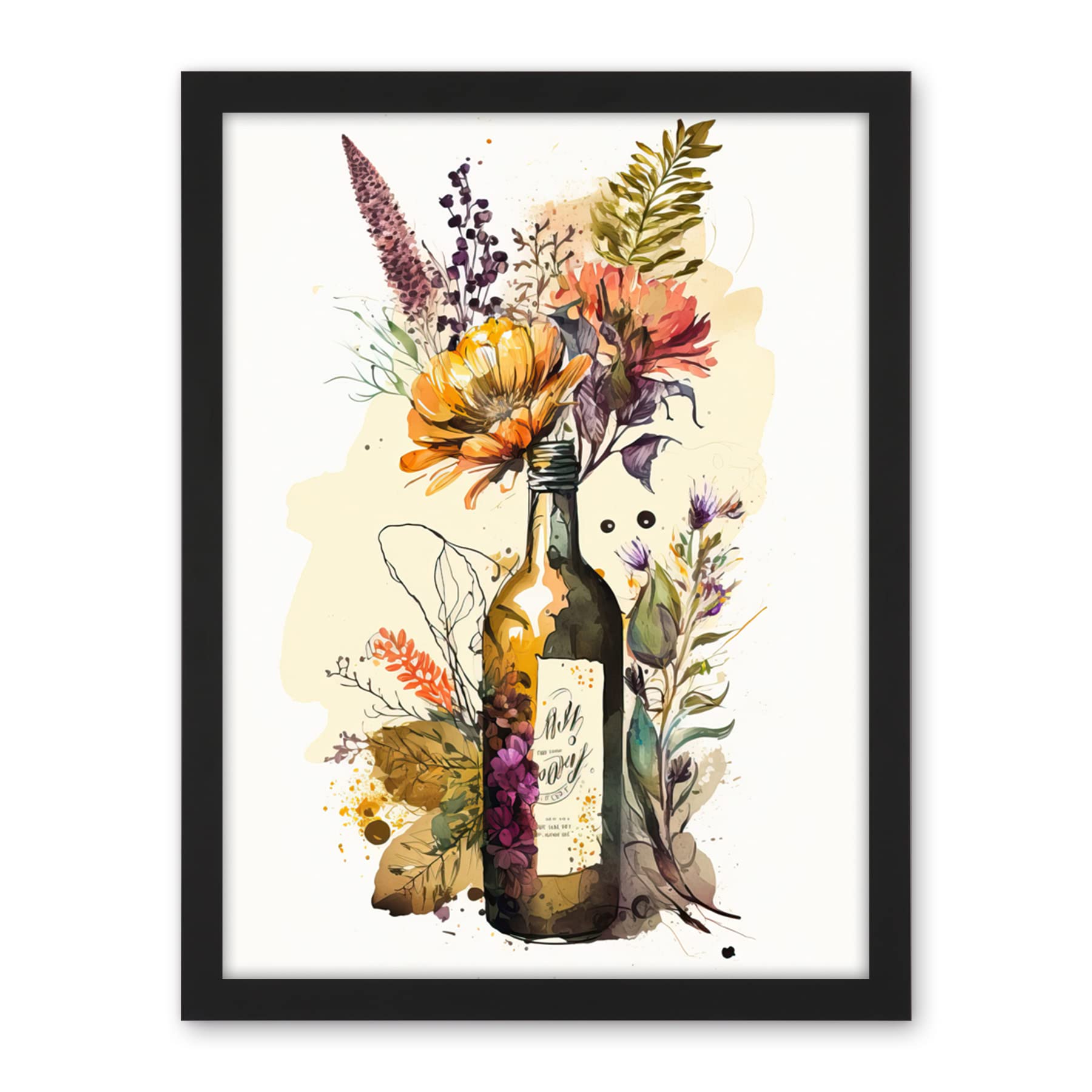 Artery8 Wildflower Bouquet in Upcycled Glass Wine Bottle Artwork Framed Wall Art Print 18X24 Inch