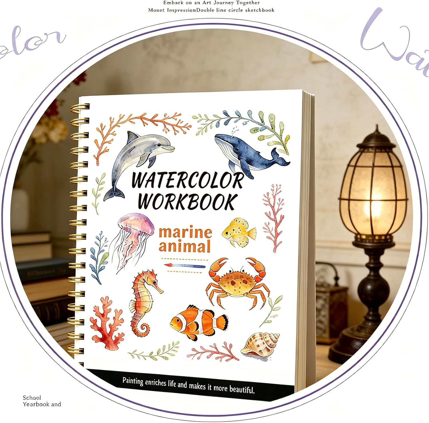 Watercolor Workbook & Watercolor Coloring Book, 14 Patterns of Original DIY Designs, 12 Colors Watercolor Paint Kit, Beginner-Friendly Water Color Workbooks for Adults & Teens (Marine Animals)