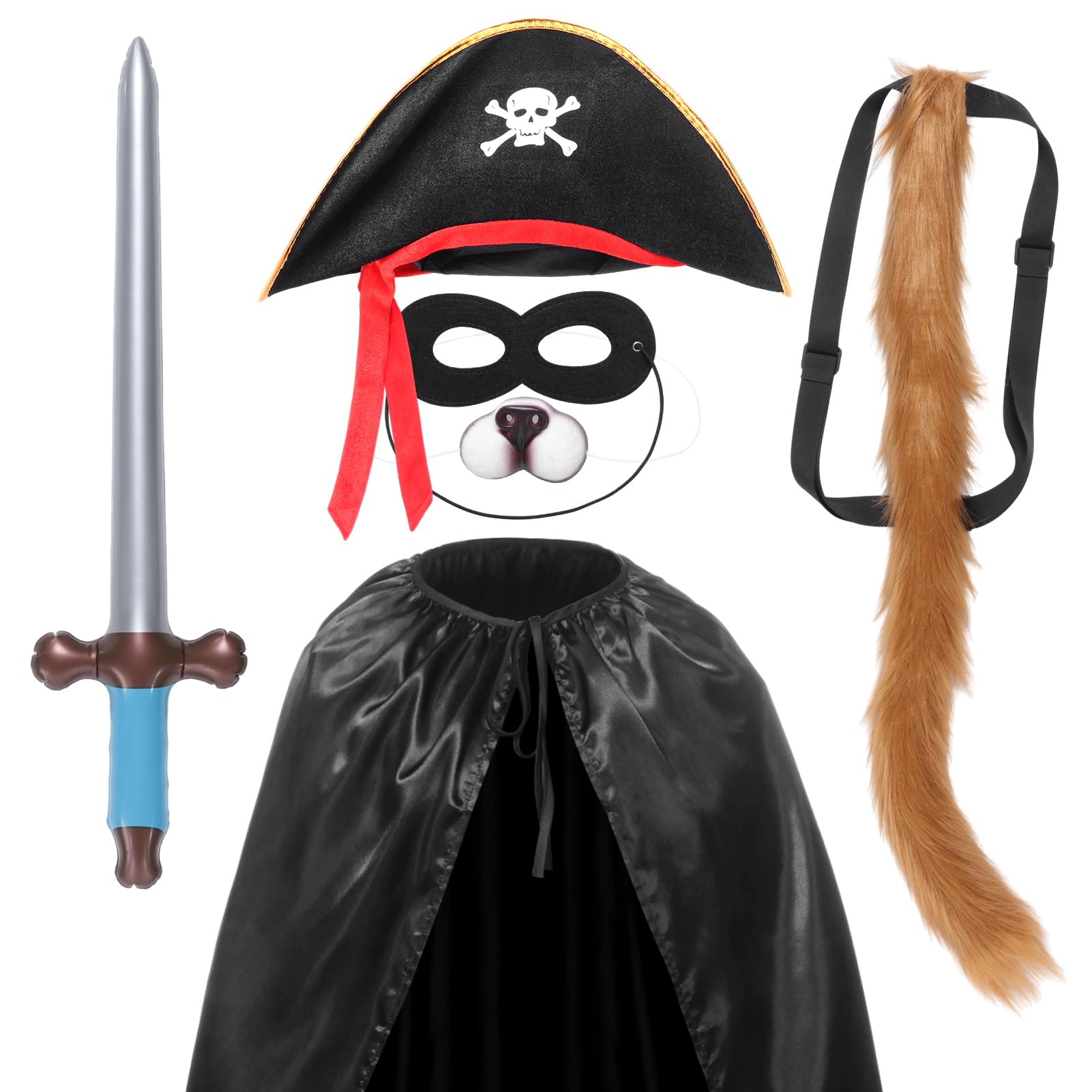 Apparlxer Cat Bandit Costume,7Pcs Cat in Boots Outfits Set Pirate Costume Include Cloak Eye Patch Pirate Hat Shoe Covers Tail Nose Handheld Props,World Book Day Costumes for Men - Image 4