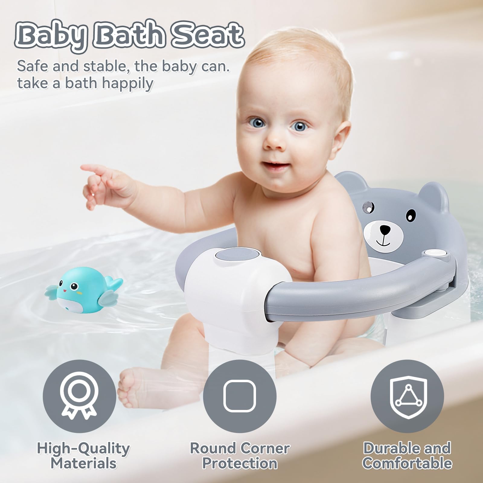 Seggiolino per Vasca da Bagno per Bambini,Seggiolino da Bagno,Sedia Doccia Bambini,Schienale Ergonomico e Barra di Sicurezza Apribile,Sicuro e Antiscivolo,Regalo per Neonati e Neomamme
