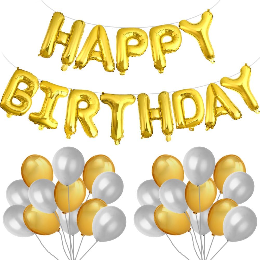 KUUQA Happy Birthday Balloon Banner Gold Letters Aluminum Film Balloon with 40 Pcs Balloons for Birthday Party Decorations, Party Supplies