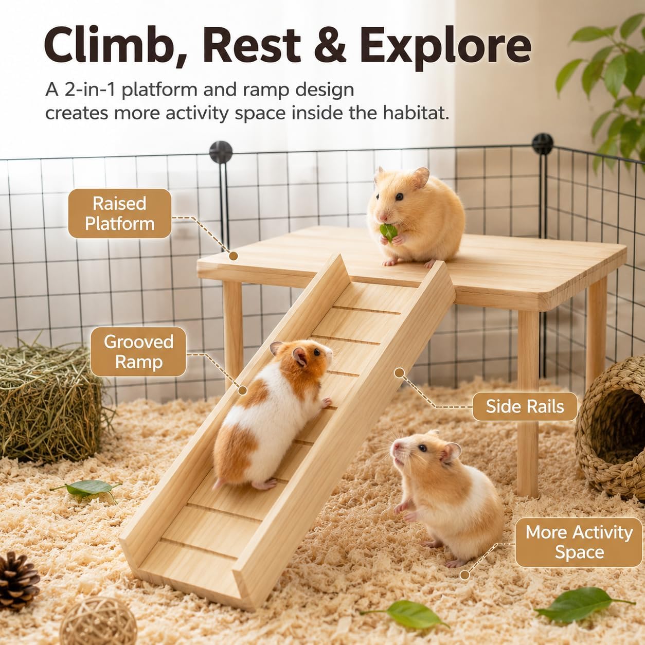 Hamster Cage Platform with Ramp, Wooden Climbing Shelf for Gerbils & Mice image 4