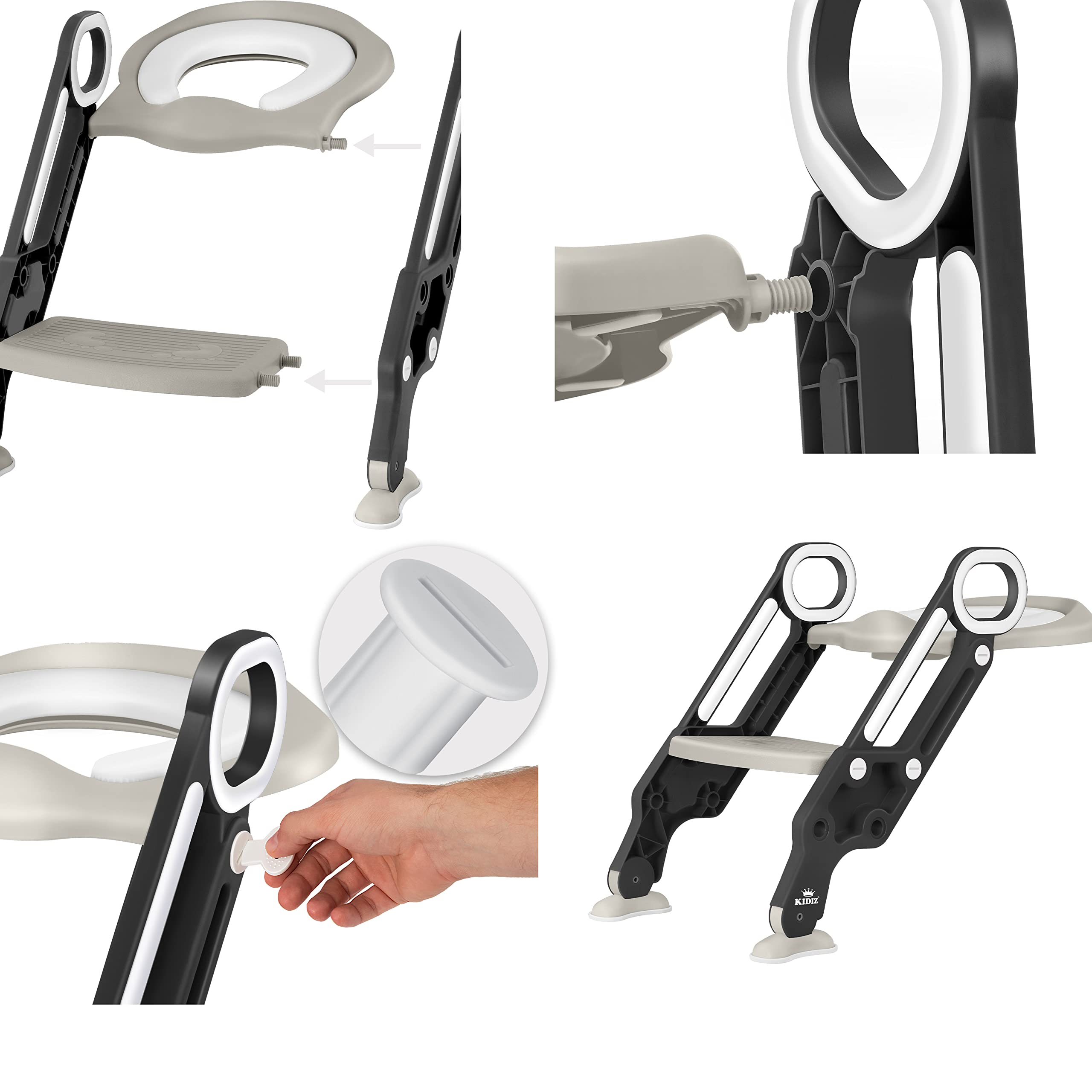 KIDIZ® Kinder Toilettensitz Toilettentrainer mit Treppe und Griffe Faltbar Kindertoilette WC Sitz Töpfchentrainer Lerntöpfchen bequemem Kissen und breiten Stufen Toilettentreppe höhenverstellbar Grau