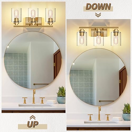 Miniatura 5 de Lámpara de tocador dorada sobre espejo, aplique de pared de 3 luces para baño y dormitorio