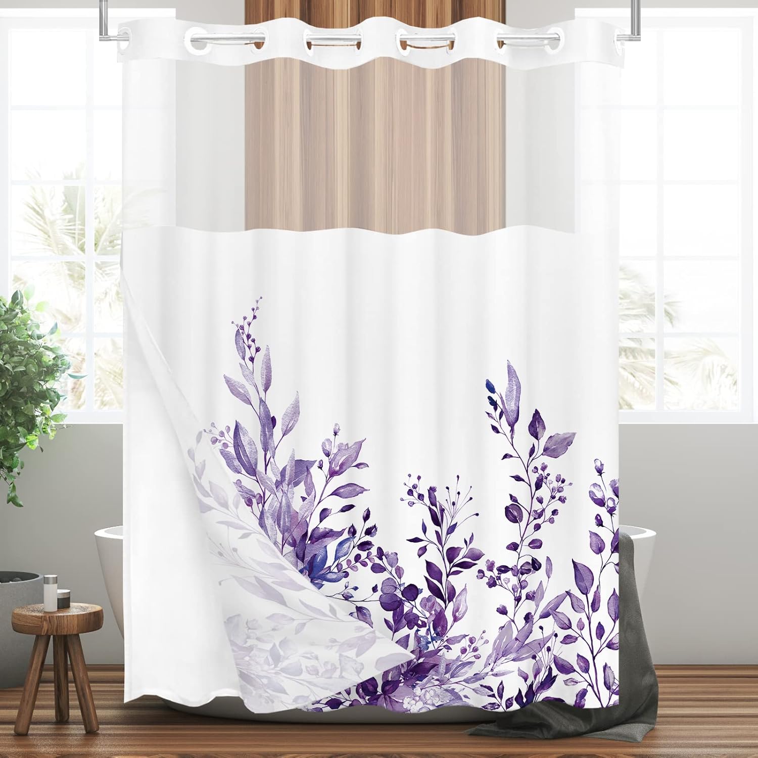 Tititex No Hooks Snap in Liner Purple Eucalyptus Leaves Shower Curtain Sets, Hotel Luxury Double Layers Waterproof Fabric & See-Through Top Window Bathroom Decorative 72x72 Inch