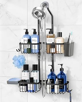 Adjustable Shower Caddy Hanging for Handheld Showerheads - Never Rust Shower Hanging Organizer, Upgraded Bathroom Shower Rack with Soap Basket, Hooks and Toothbrush Holder Black