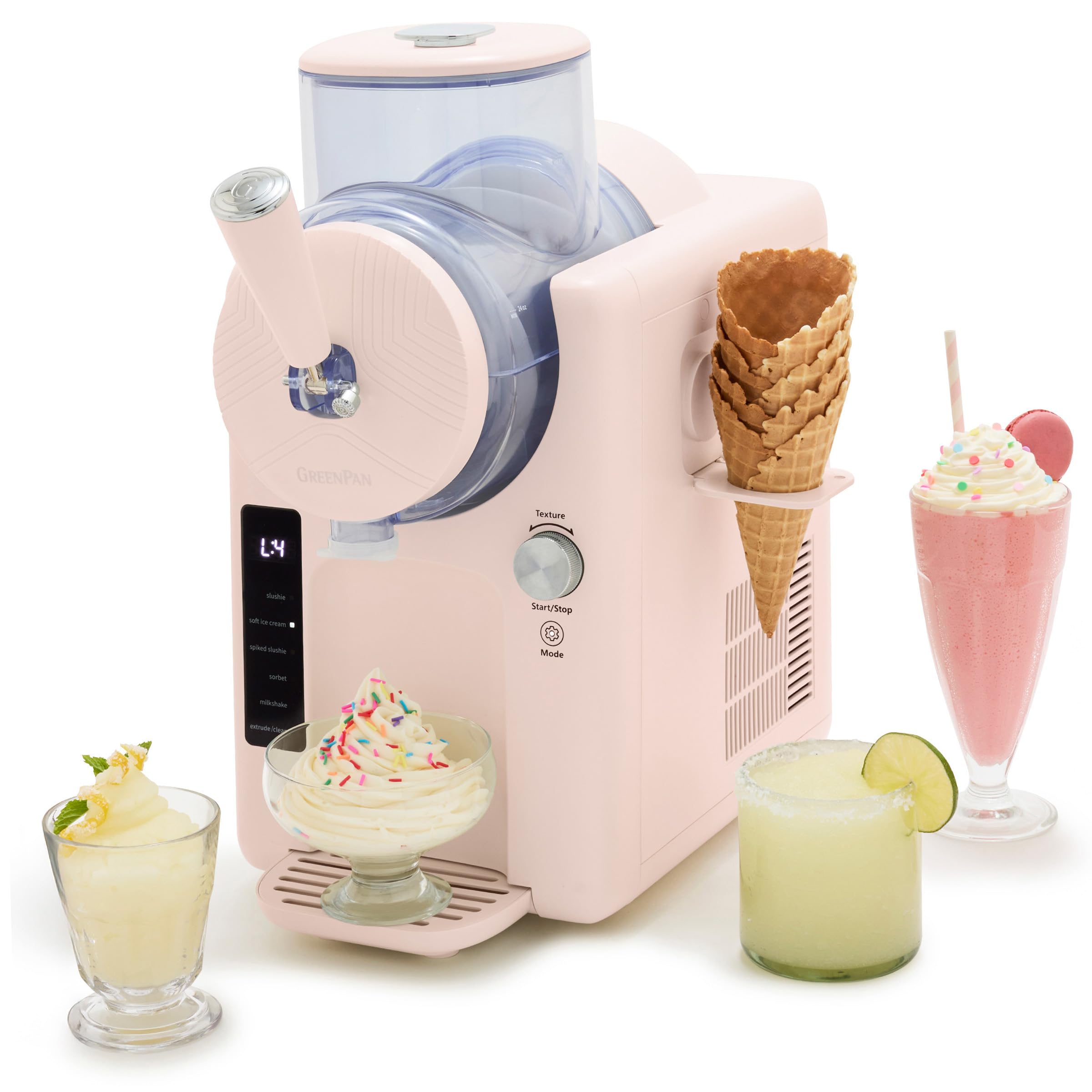 GreenPan Frost Ice Cream Machine & Frozen Drink Maker, Soft Serve, Slushie, Milkshakes & Cocktails, No Freezer Needed, 15-in-1, 7 Textures, Quiet & Rapid, Easy Clean, Family Size, Strawberry Pink
