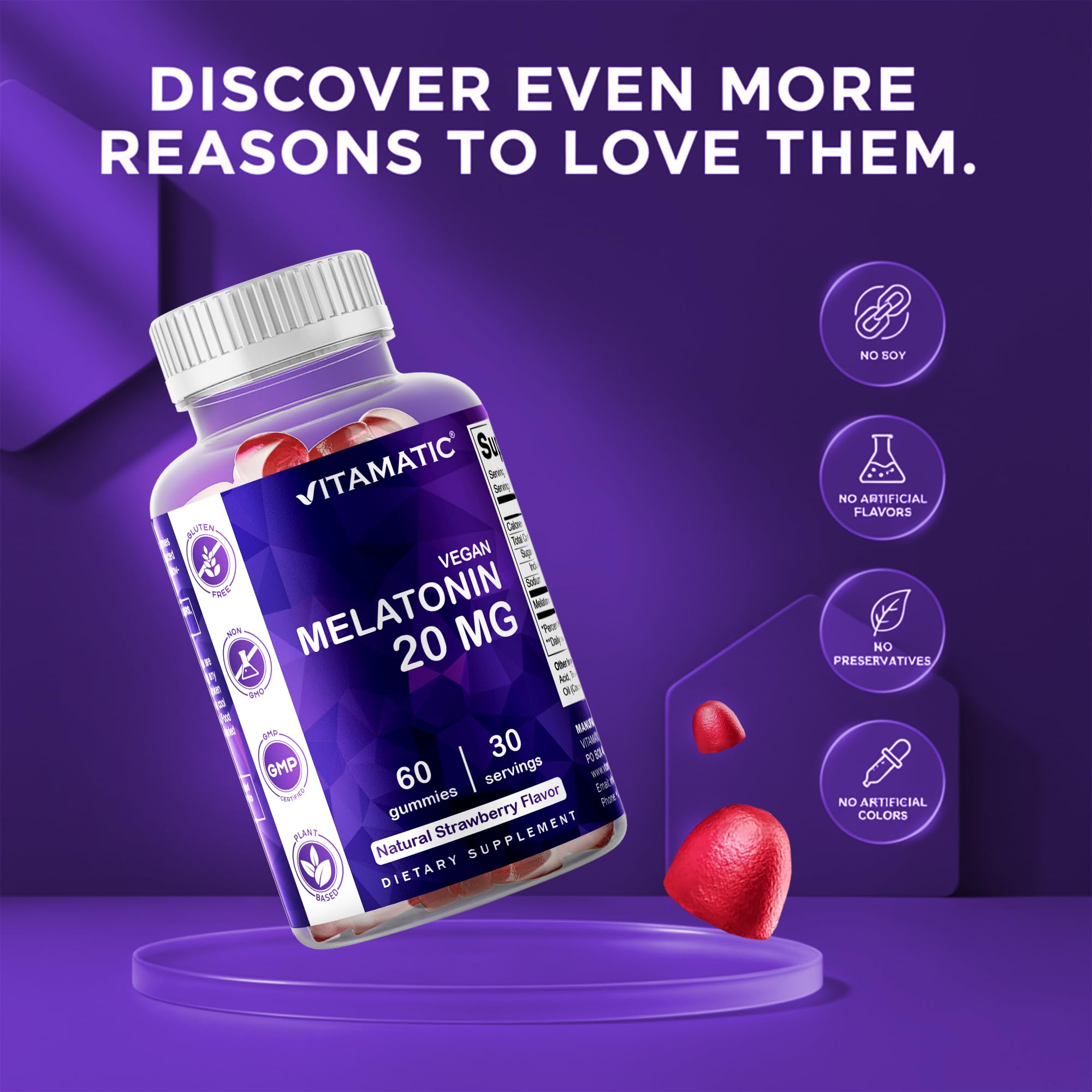 Vitamatic Melatonin 20mg Gummies for Adults, 30 Servings - 60 Count - Non-Habit Forming Supplement