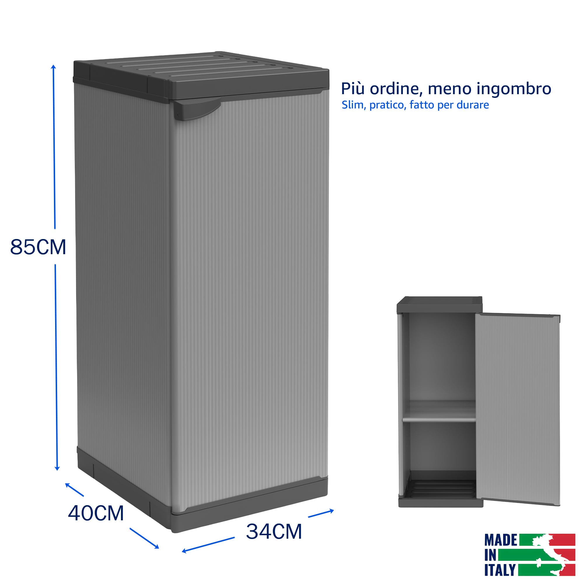 Sicignano Armadietto Modulare in Resina a 1 Anta, Colonna Salvaspazio Stretta con Ripiani Regolabili, Mobile Multiuso per Interno, Esterno, Lavanderia e Bagno, Grigio (cm.34x38x85h, 2 Piani)