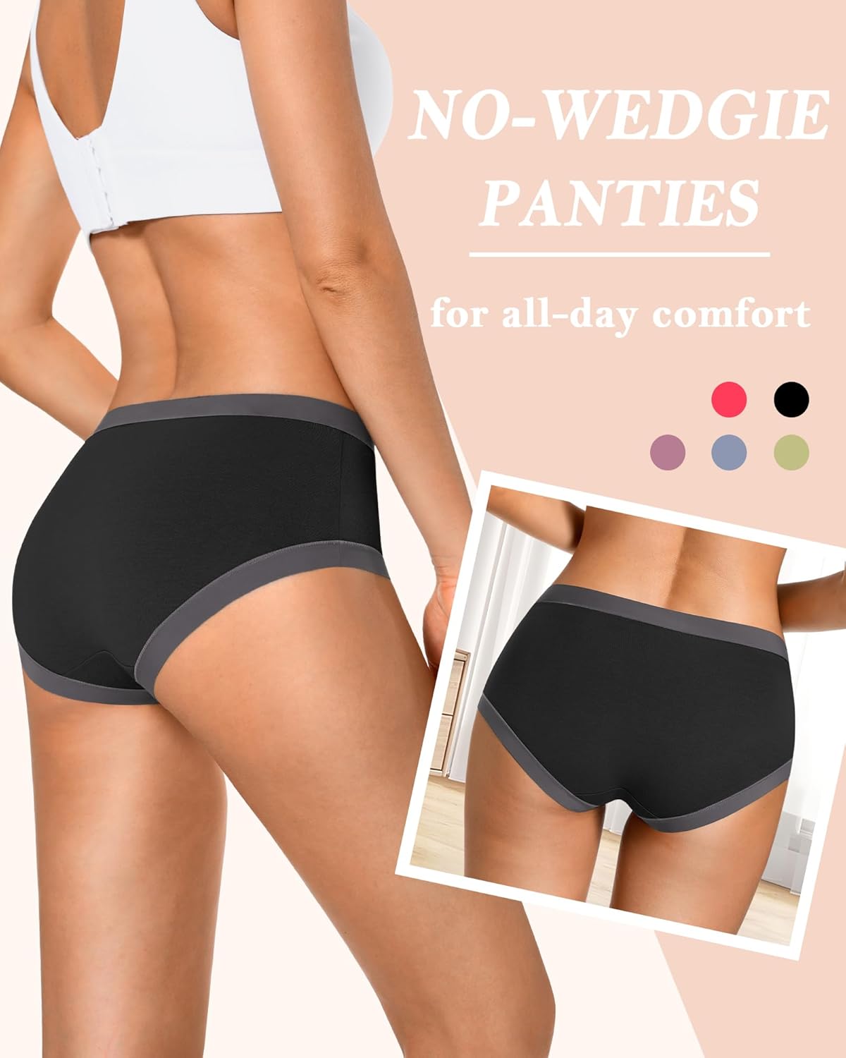 ASIMOON Women's Cotton Underwear Mid Waisted Ladies Panties Soft Breathable Full Coverage Briefs 5 Pack - Image 2