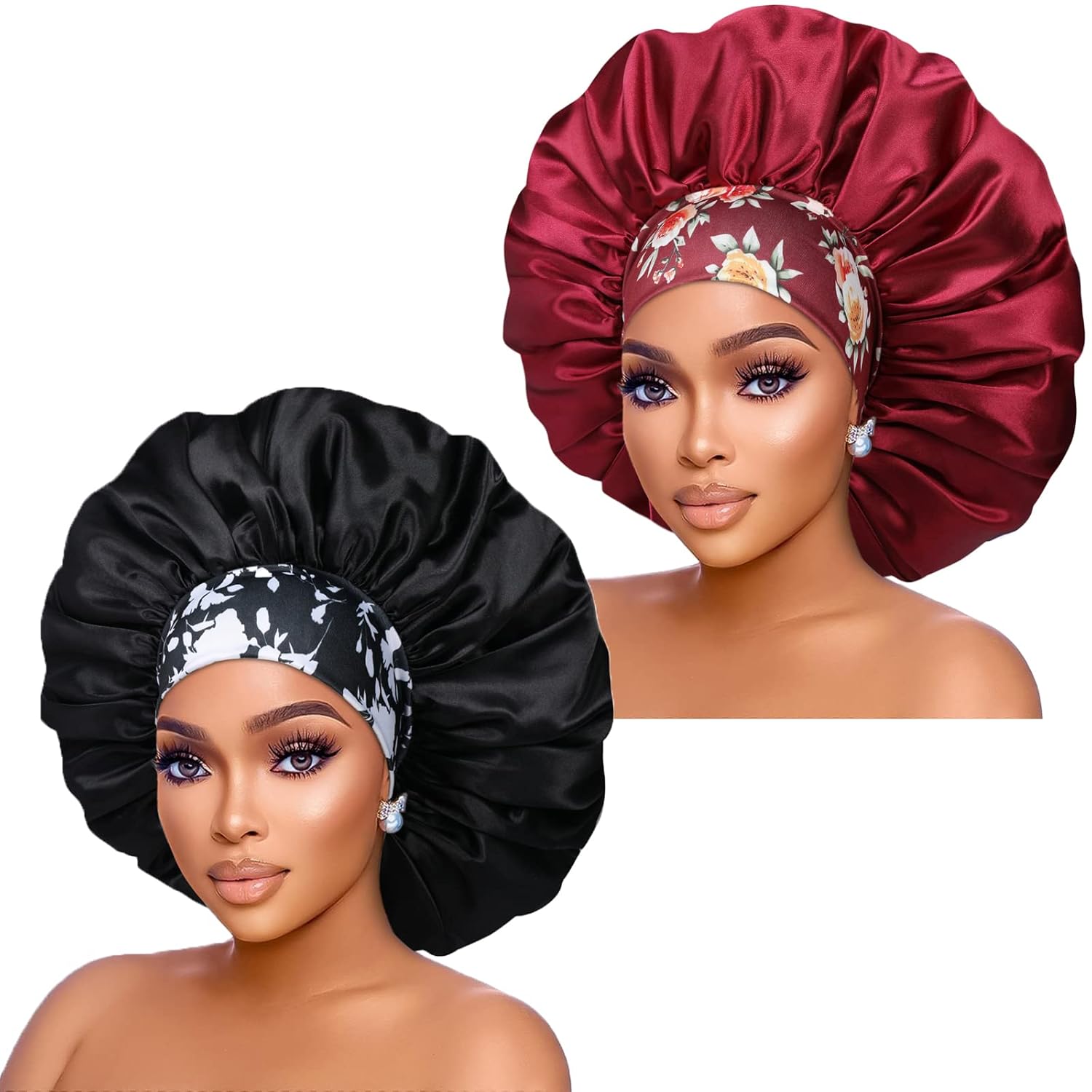 Isshin Beauty Silk Satin Bonnet Hair Cap: 2pcs 17inch Diameter Extra Large Jumbo Sleeping Satin Bonnets with Comfortable Flower Band - High Density Satin Bonnets for Women Braids Curly Night Cap（Black & Coffee）