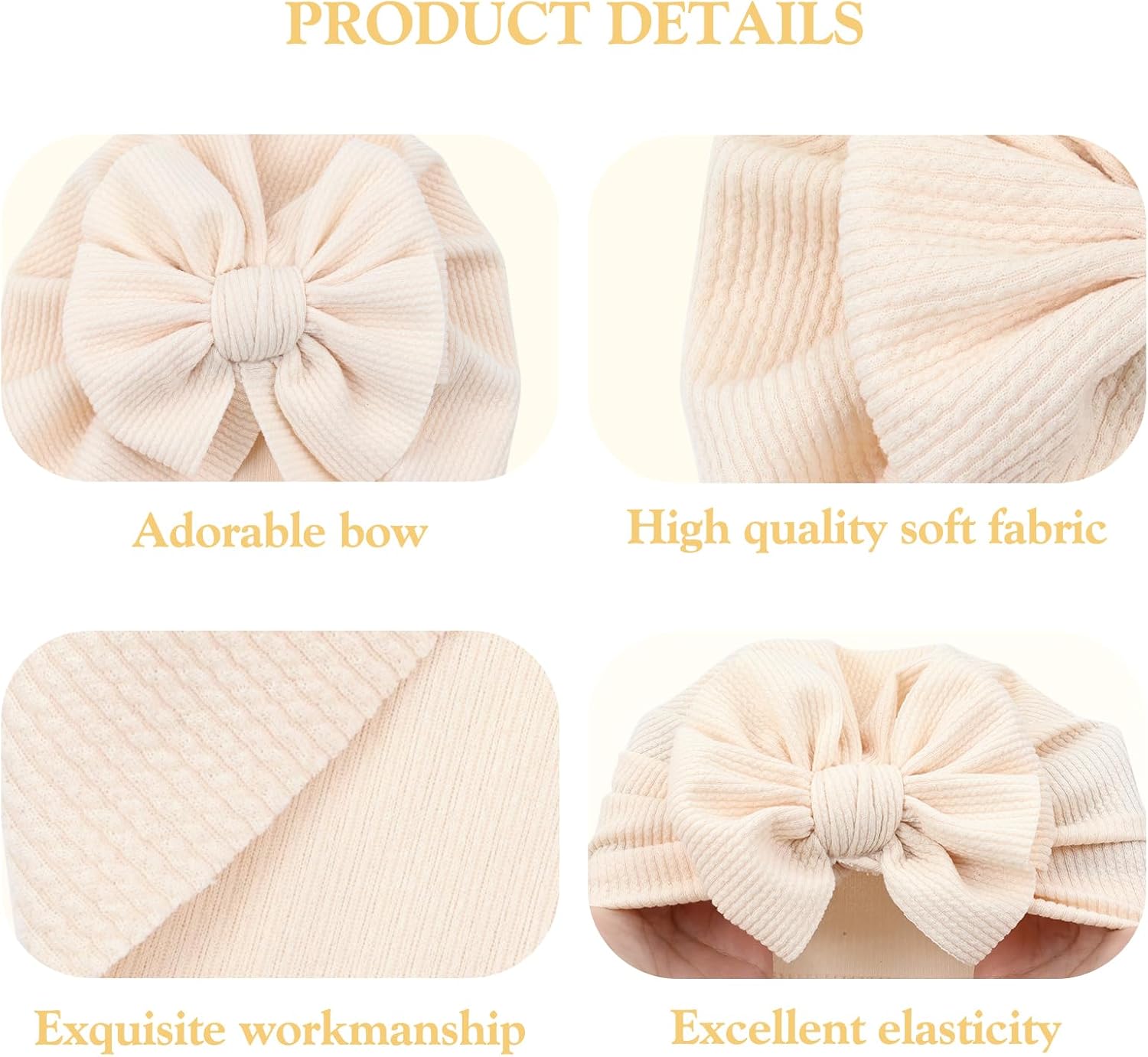 Cinaci 4 Pieces Baby Girls Turban Hats with Bow Newborn Hospital Caps Bonnets Beanies Headwraps for Infants Toddlers - Image 3