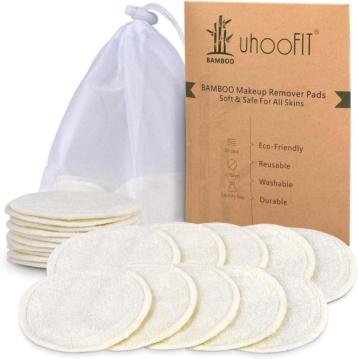 Makeup Remover Pads Reusable 20 Packs-Natural Bamboo Cottons Facial Skin Caring Pads-Face Cleaning Clothes Wipes Machine Washable with Laundry Bag