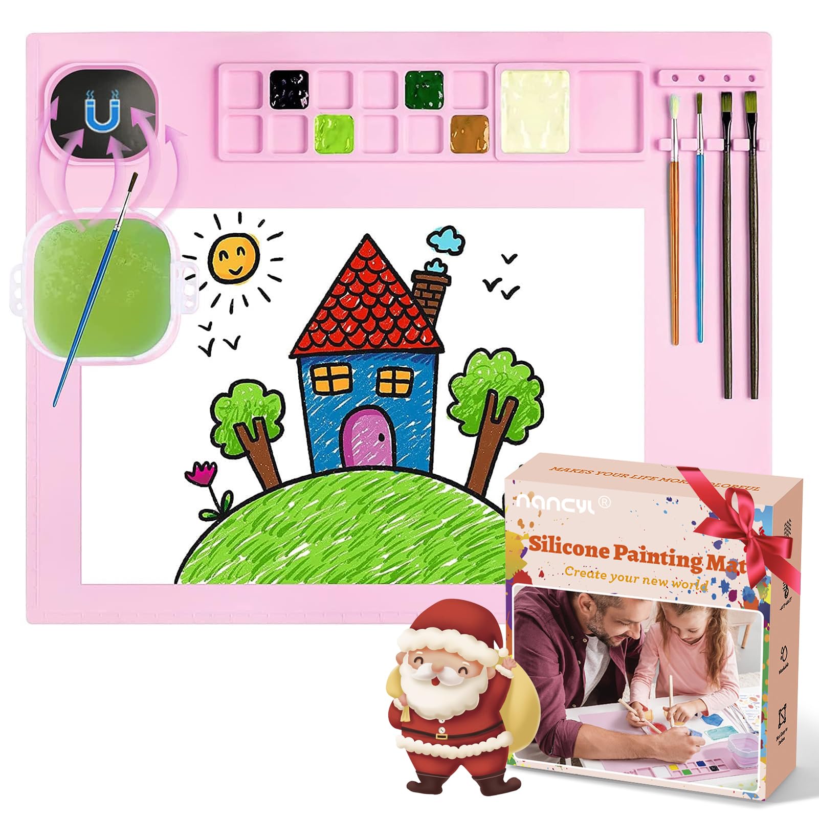 Silicone Painting Mat, Art Mat with Cup, Craft Paint Brush Cleaner Tool, Artist for Kids Gift Clay DIY Creations, Gift Packaged (Pink)