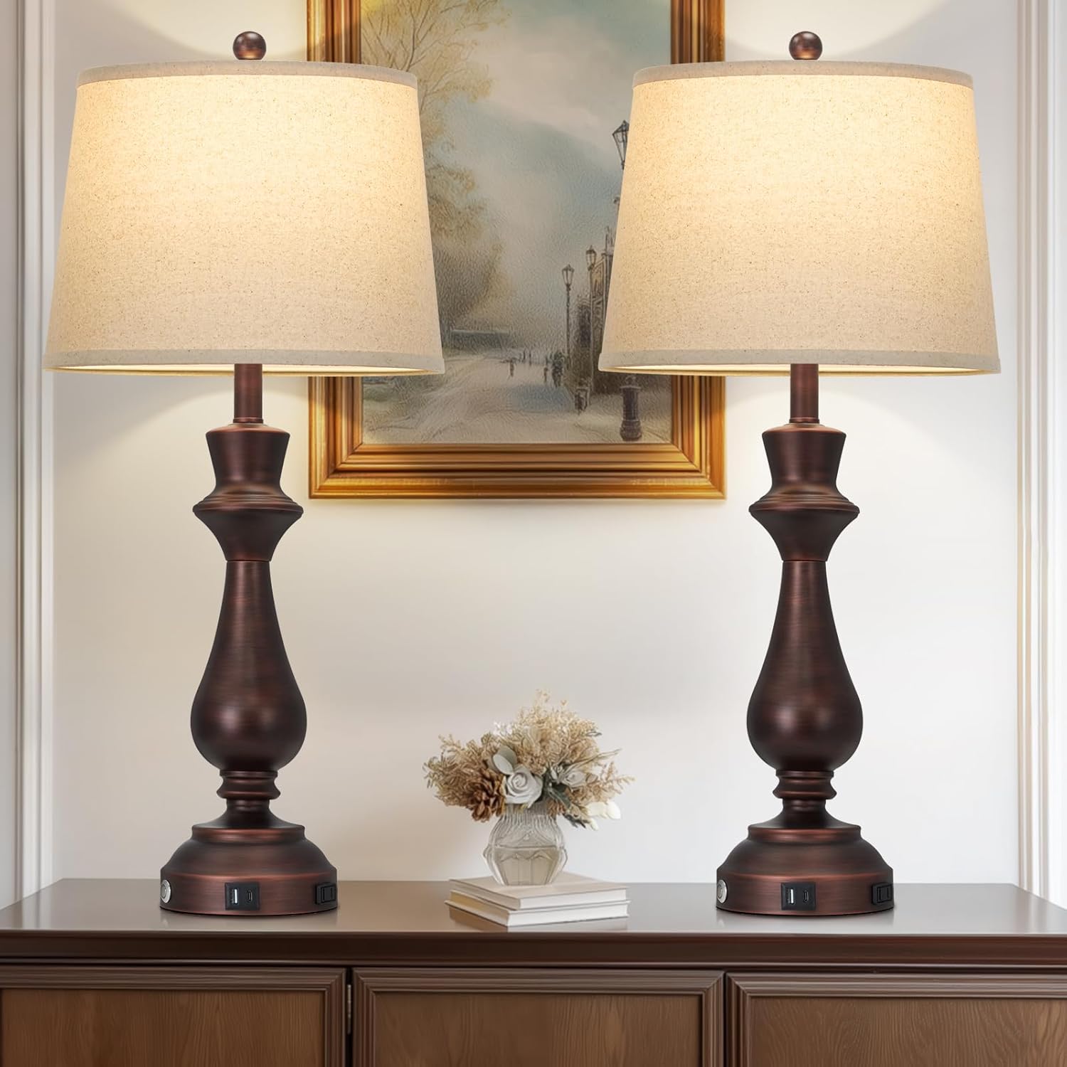 Vintage Table Lamps Set of 2 for Living Room,30 Tall Bedside Lamp with USB Charging Port,3-Way Dimmable Touch Nightstand Lamp for Bedroom Desk Side Table Office,Brown