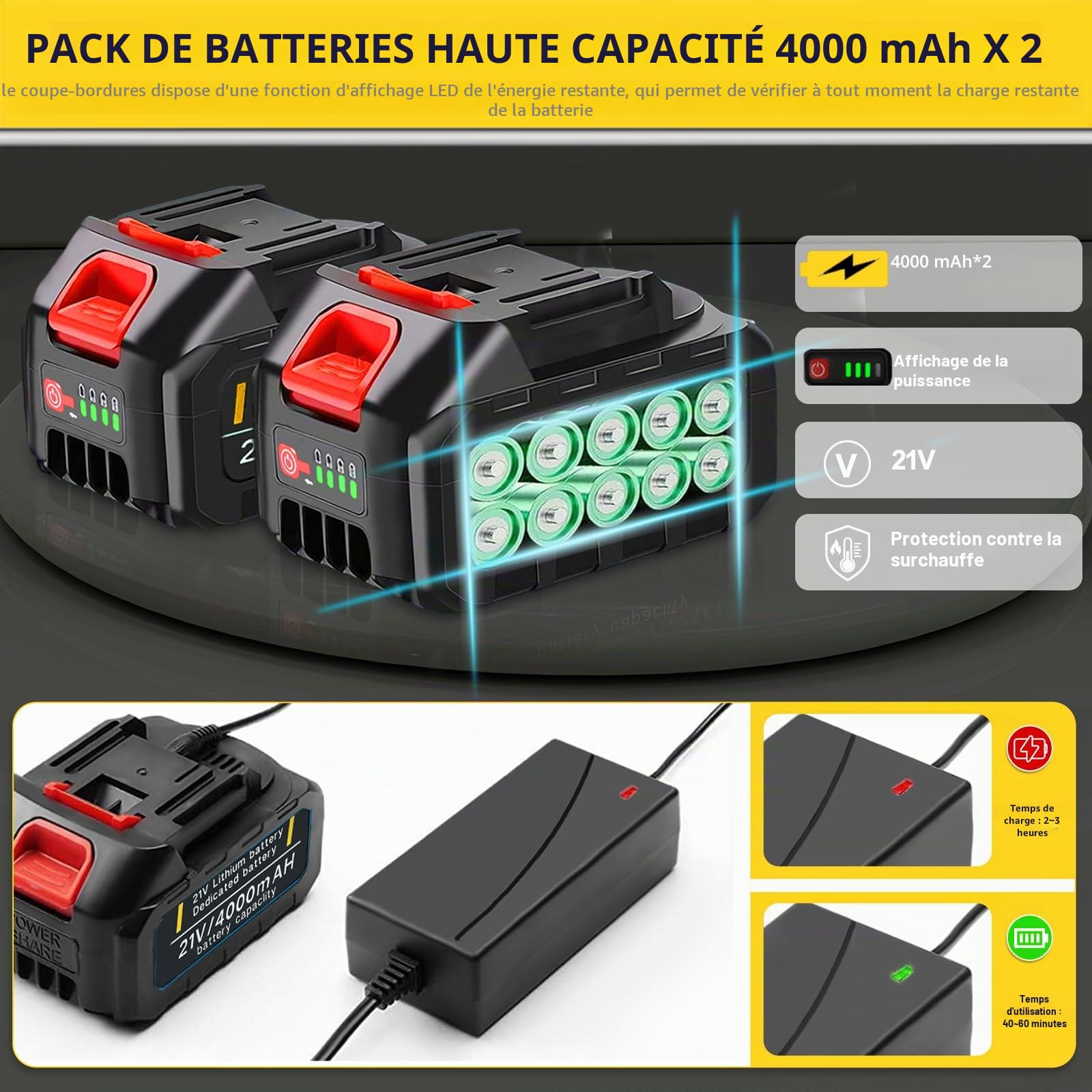 Débroussailleuse sans fil avec brosse à mauvaises herbes 21 V avec 2 batteries de 4,0 Ah et chargeur électrique sans balais 4 en 1 pour débroussailleuse télescopique réglable Gris