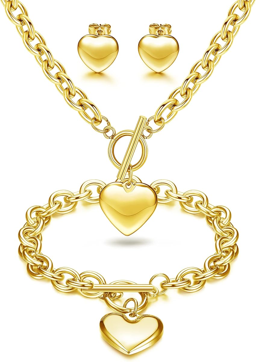 Collar con colgante de corazón Cadena de palanca Pulsera de corazón Aretes de corazón