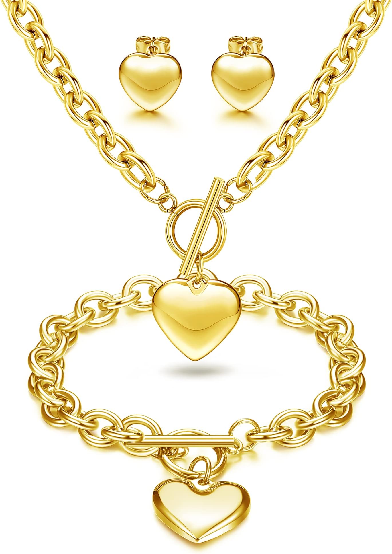 Heart Pendant, Necklace, Bracelet & Stud Earrings Set - Stainless Steel Love Heart Jewelry for Women - Halloween