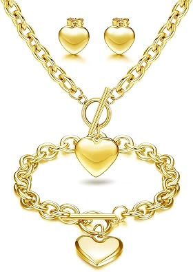 LOYALLOOK Heart Pendant, Necklace, Bracelet & Stud Earrings Set - Stainless Steel Love Heart Jewelry for Women - Halloween