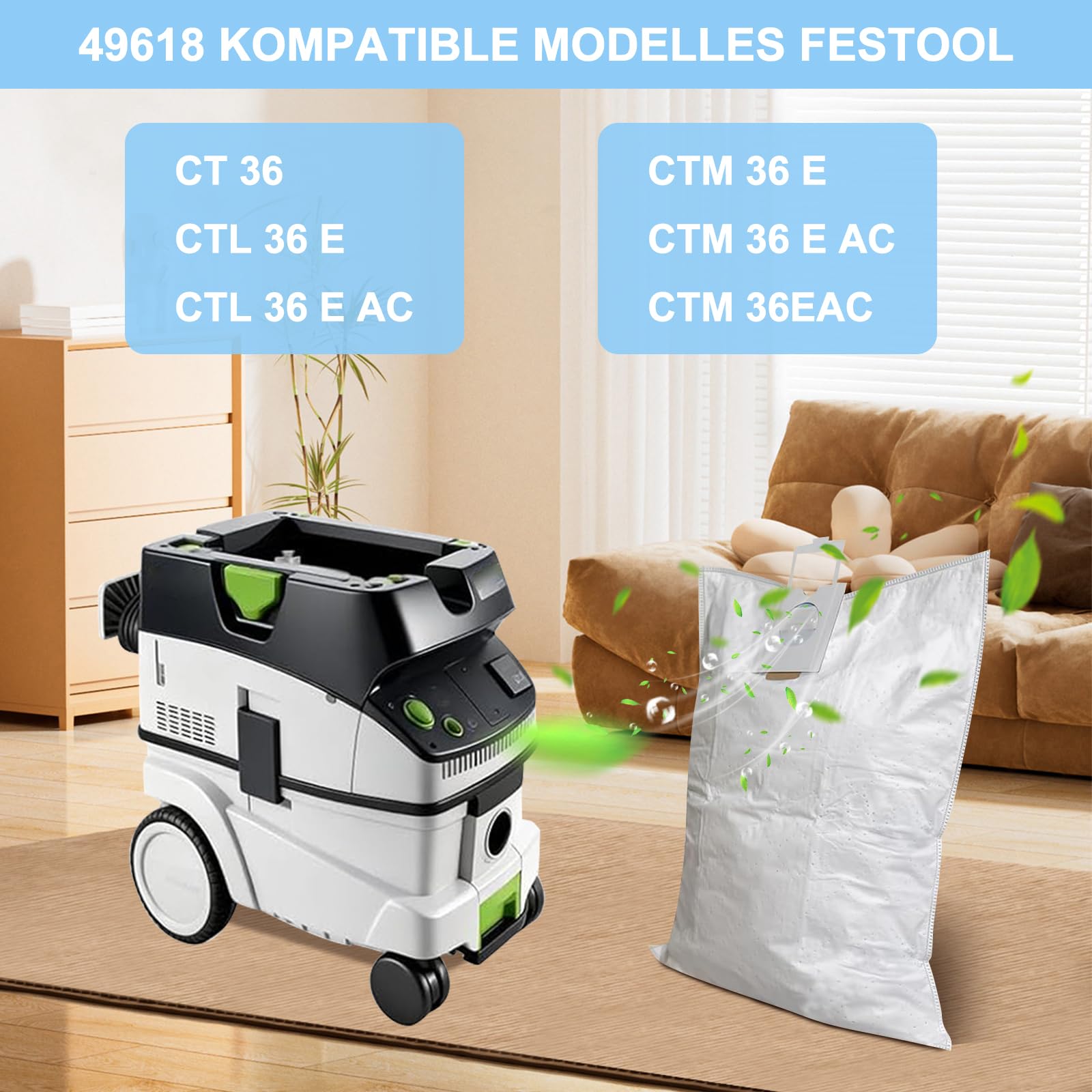 6 sacchetti per aspirapolvere per Festool CT 36/CTM 36 E/CTL 36 E, ricambi SELFCLEAN per Festool 496186, sacchetti filtranti di grande capacità, ricambio per aspirapolvere, SC FIS-CT 36