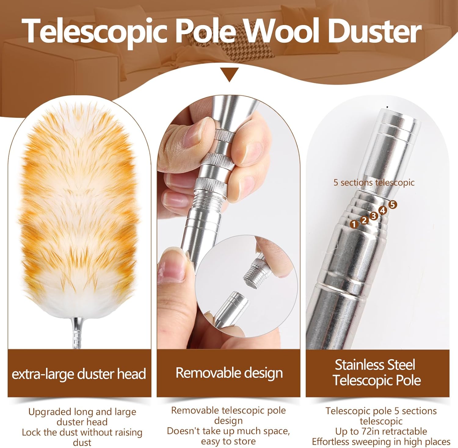 Lambswool Duster for Cleaning with Solid Wooden Handle Leather Hang Strap 87.8" Removable Retractable Feather Duster for Cleaning Ceiling Fans Window Blinds Interior Roof Furniture(2 Pack)