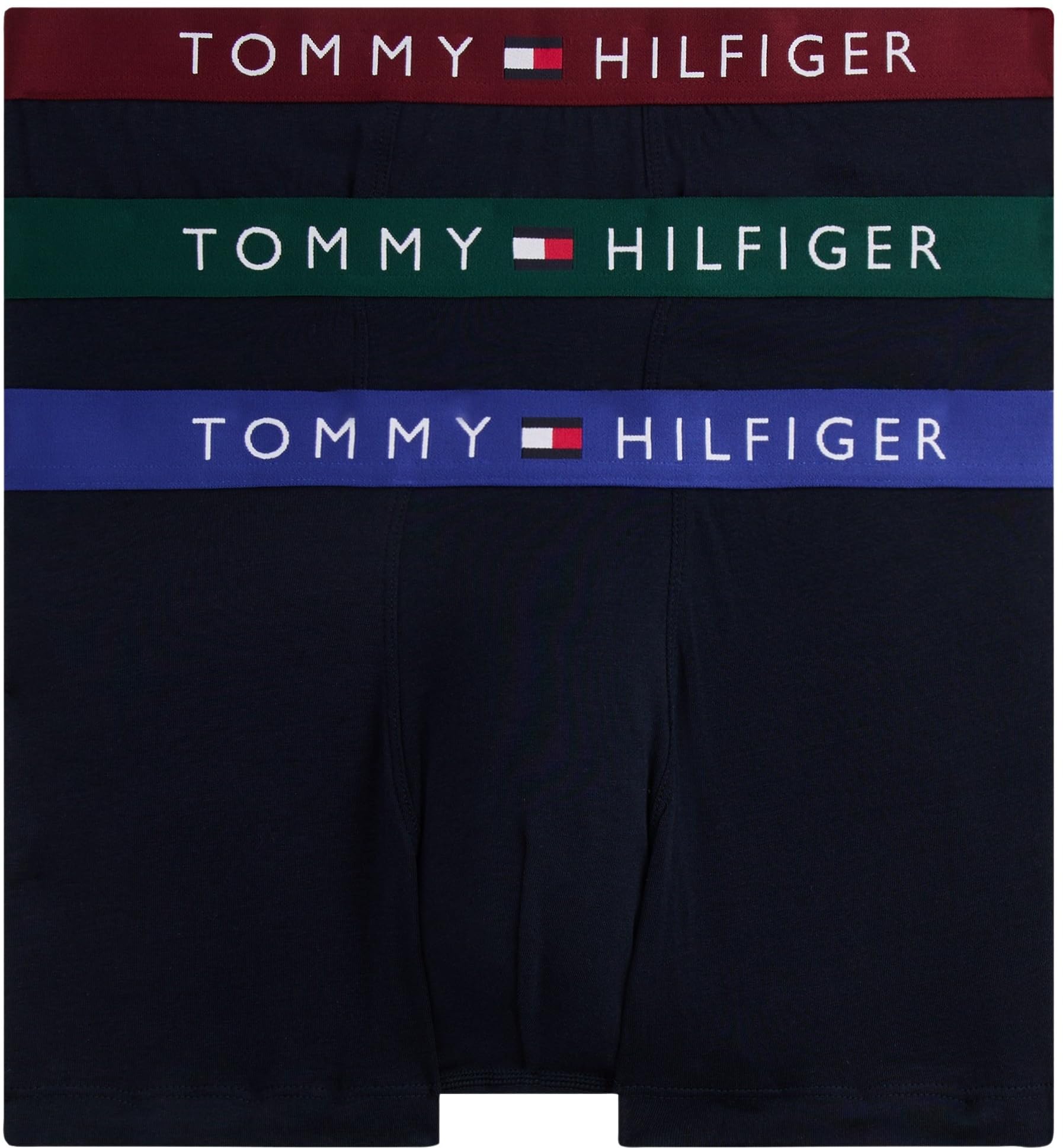 Tommy Hilfiger Men’s 3 Pack Trunks with Logo Waistband, Multicolor (Orn Grn/Dp Rge/Wdg Blu), S