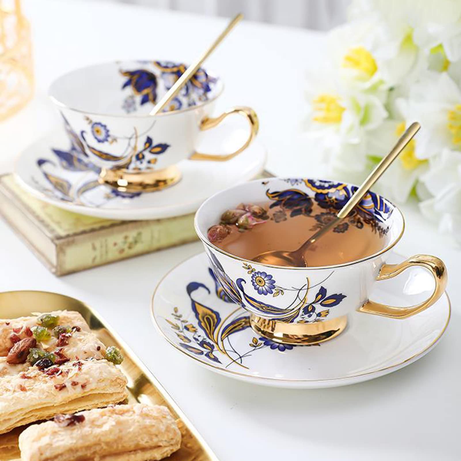 Europejski zestaw filiżanek do kawy z porcelany kostnej i spodków, filiżanka do herbaty Cappuccino Latte, wielokolorowy(C)