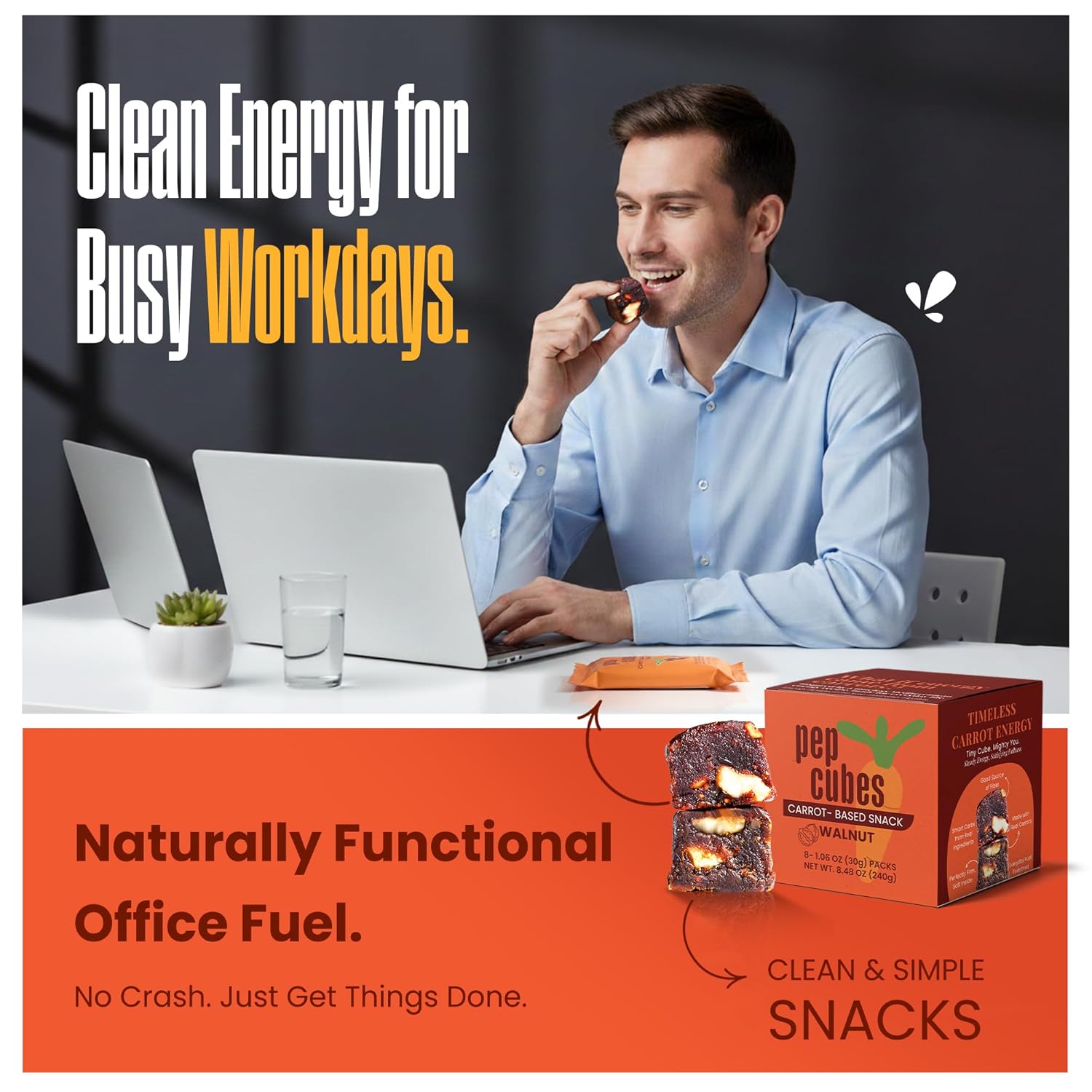 PEPCUBES, Carrot Based Snacks, Cube Bar, Walnut (8 pack), No Sugar Added | High Fiber, Low Calorie, Plant-Based, Gut-Friendly, Gluten Free, Dairy Free, Grain Free, Real Ingredients, Energizing Features for Adults, Vegetarian Friendly | 8 ct, 1.06 oz each