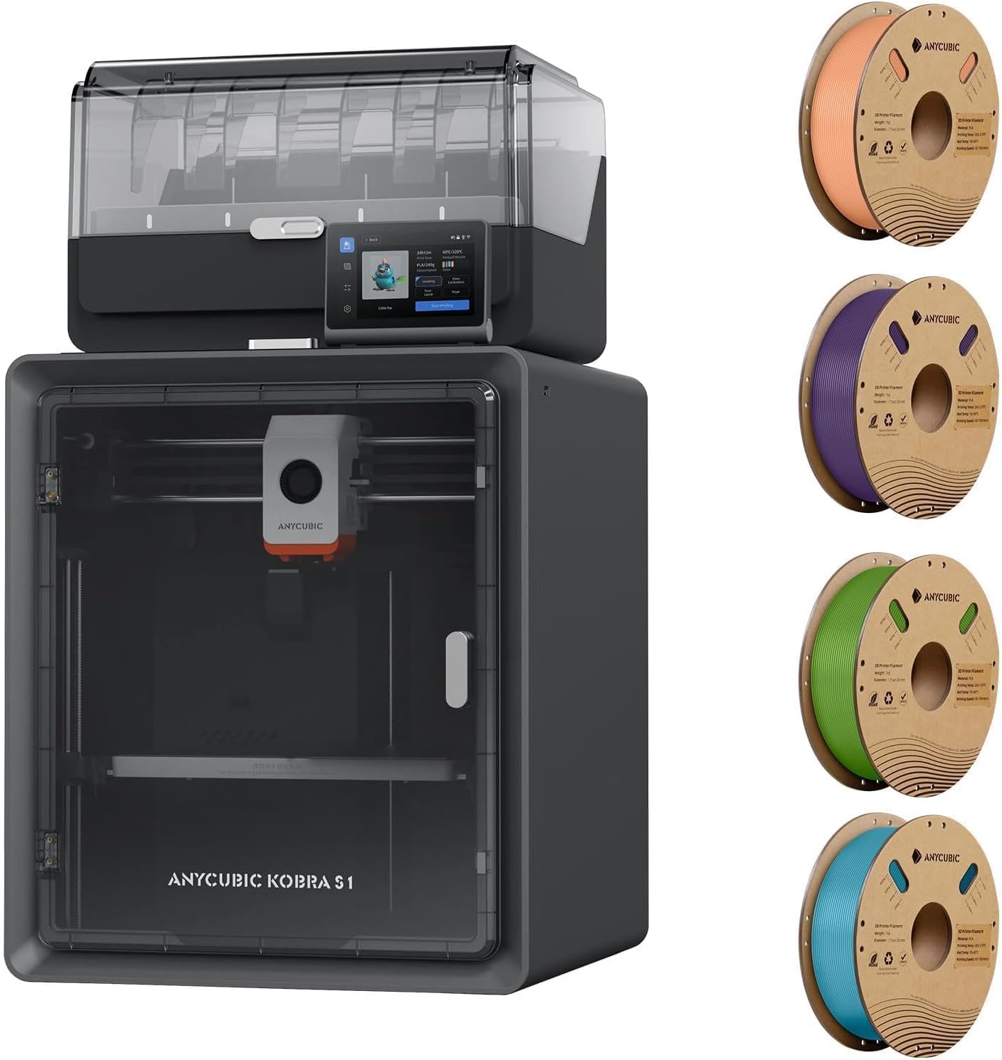 Bundle Anycubic Kobra S1 Combo Multicolor 3D Printer + ANYCUBIC PLA Filament 1.75mm 4KG, Peach Pink, Interstellar Violet, Tropical Turquoise, Spring Leaf
