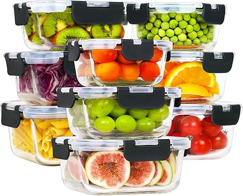 HOMBERKING 9 juegos de recipientes de vidrio para almacenamiento de alimentos con tapas de bloqueo, recipientes de vidrio para preparación de