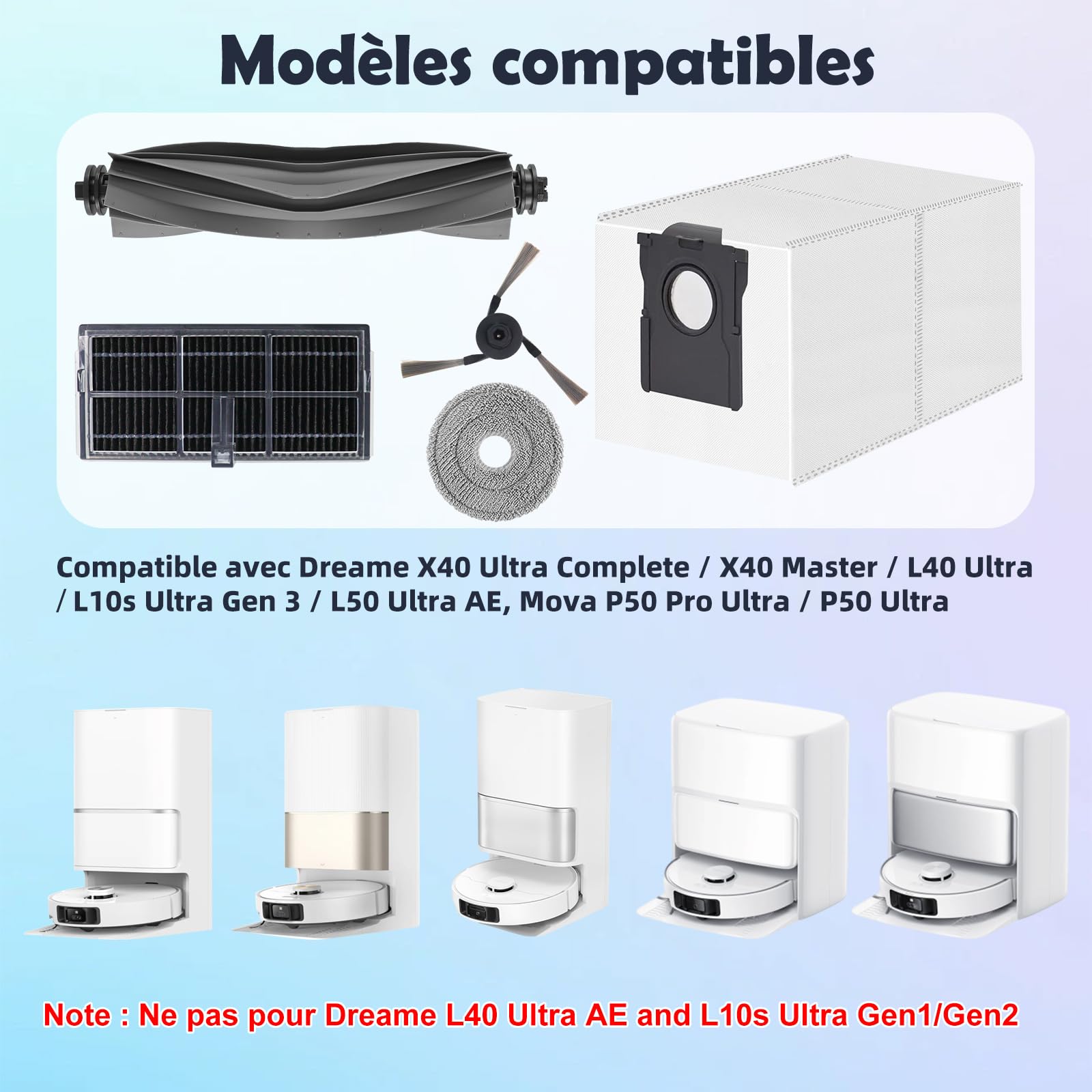 Accessoires de Rechange pour Dreame L10s Ultra Gen 3, L50 Ultra AE, X40/L40 Ultra, Mova P50 Pro Ultra Robot Aspirateur, 2 Brosses Principales, 4 Filtres, 6 Brosses Latérales, 6 Serpillières, 4 Sacs