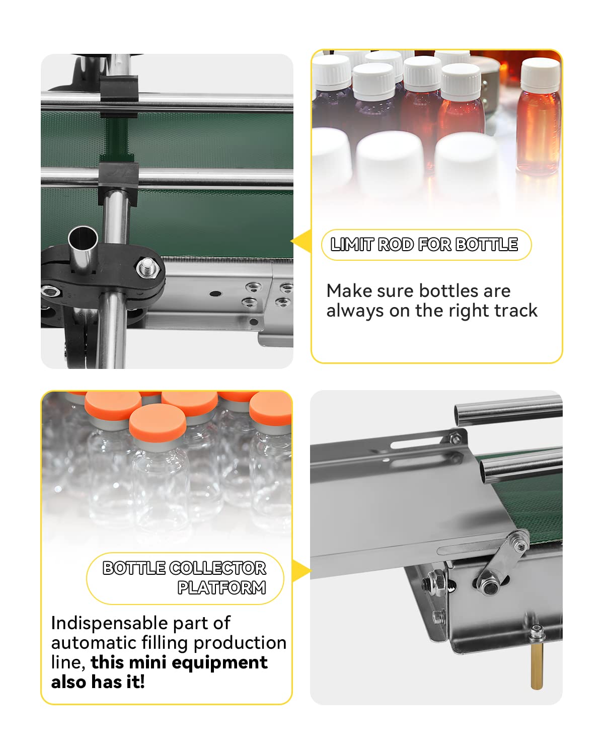 Limit rod and bottle collector platform on the conveyor