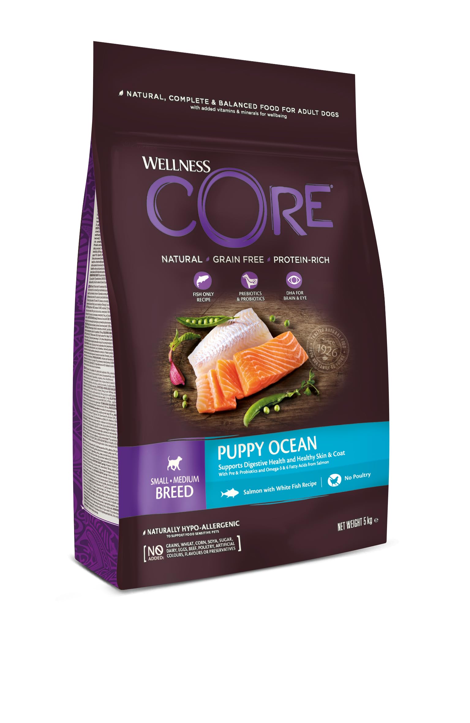 Wellness CORE Puppy Ocean 5kg, Salmon & White Fish – Dry Dog Food for Small & Medium Breed Puppies, Grain-Free, Natural, Hypoallergenic, Protein-Rich, High Fish Content, Brain & Eye Development