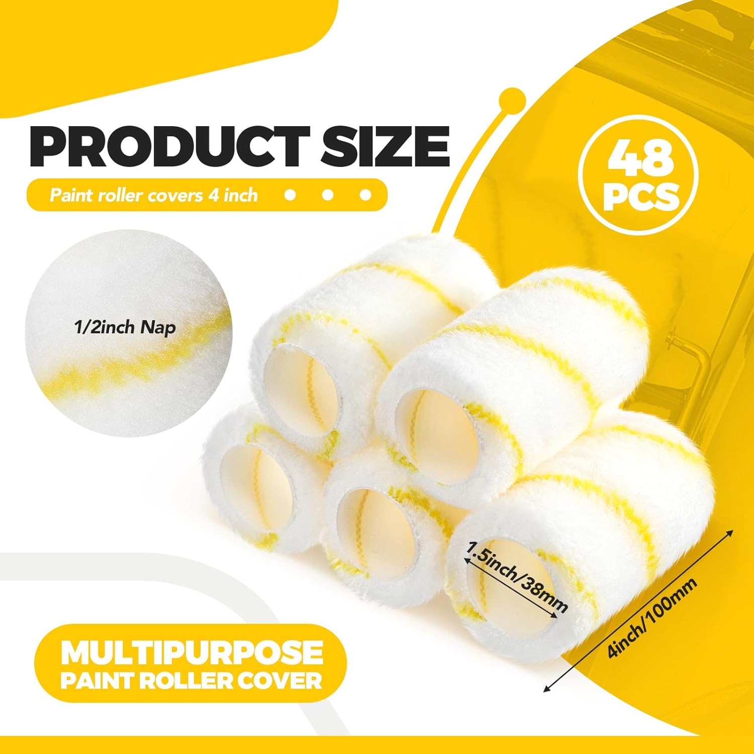 Pinkunn 48 Pcs 4" x 1/2" Paint Roller Covers Nap High Capacity Microfiber Roller Covers for Brush Frame House Painting Supplies for All Surfaces, Home Repair Tools (Yellow Stripe)