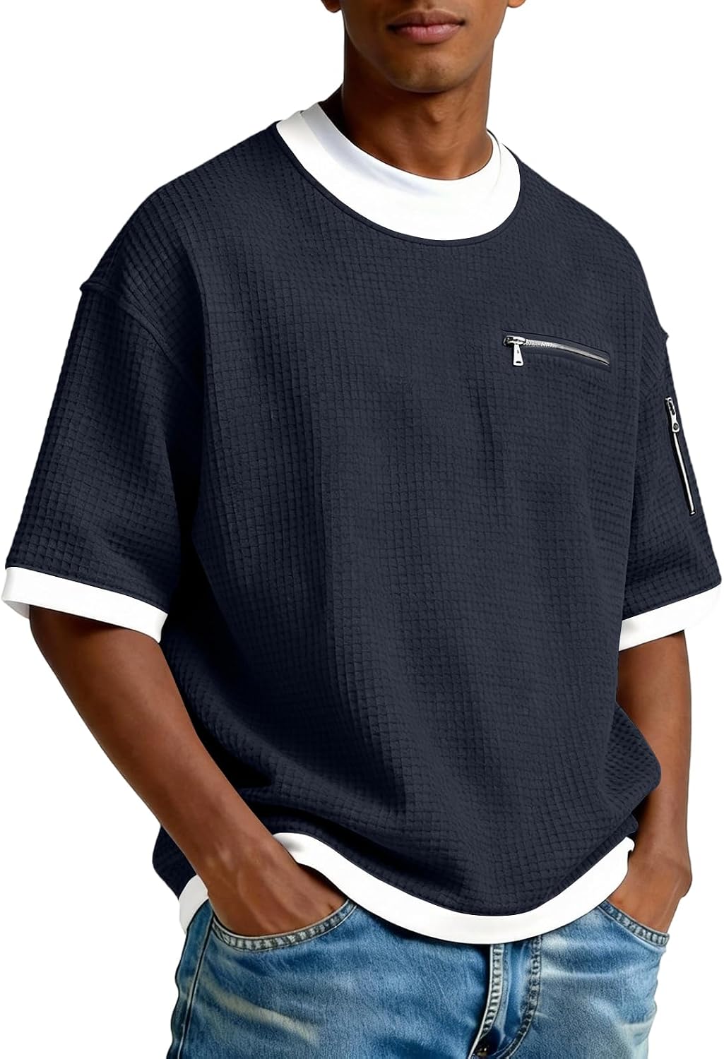 WENKOMG1 T Shirts for Man Short Sleeve Round Neck Basic Knit Casual Fashion T Shirt with Pocket, S-4XL