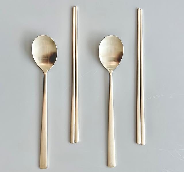 cozymomdeco Korean Made Traditional Utensil Flatware Simple Design Gold Color Chopsticks Spoon 2Set 18-10 Stainless Steel