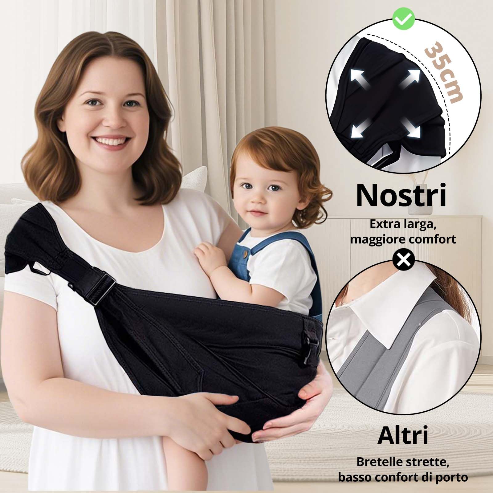 JOYNCLEON Portabebè Sling Taglie Forti - Design Estendibile e Regolabile per Bambini Più Grandi, Supporto Antiscivolo e Traspirante fino a 20 kg, Certificato ASTM(PLUS-Nero)
