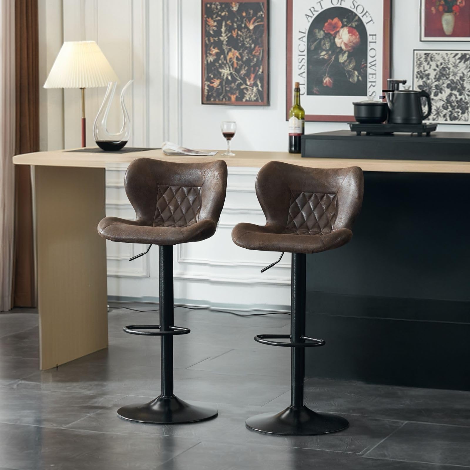 Set of 2 Bar Stools, Counter Height Adjustable 24-33 inch Bar Chairs with Back&Footrest, 360° Swivel Barstool Chairs Counter Barstool for Kitchen, Dining Room and Bistro Pub, Retro Brown