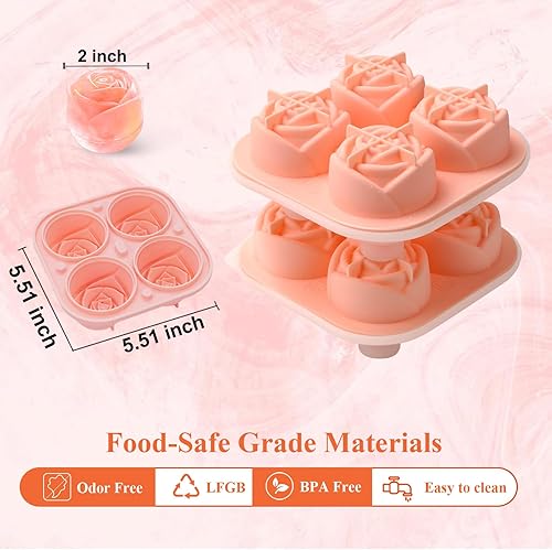 Miniatura 5 de AIBIRUI Paquete de 2 moldes pequeños para cubitos de hielo de rosas para congelador con tapa, cubo de hielo de 2 pulgadas, bandejas de hielo rosas
