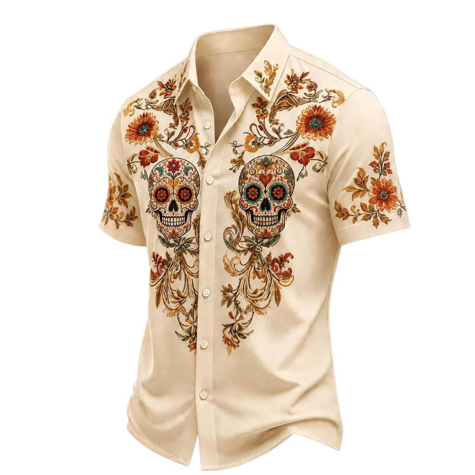 Halloween Shirt Men,Skull Shirt Mens Short-Sleeve Day of The Dead Floral Skull Goth Casual with Button-Down Fit Spooky Party Wear Funny Graphic Vintage Style Casual Outfits