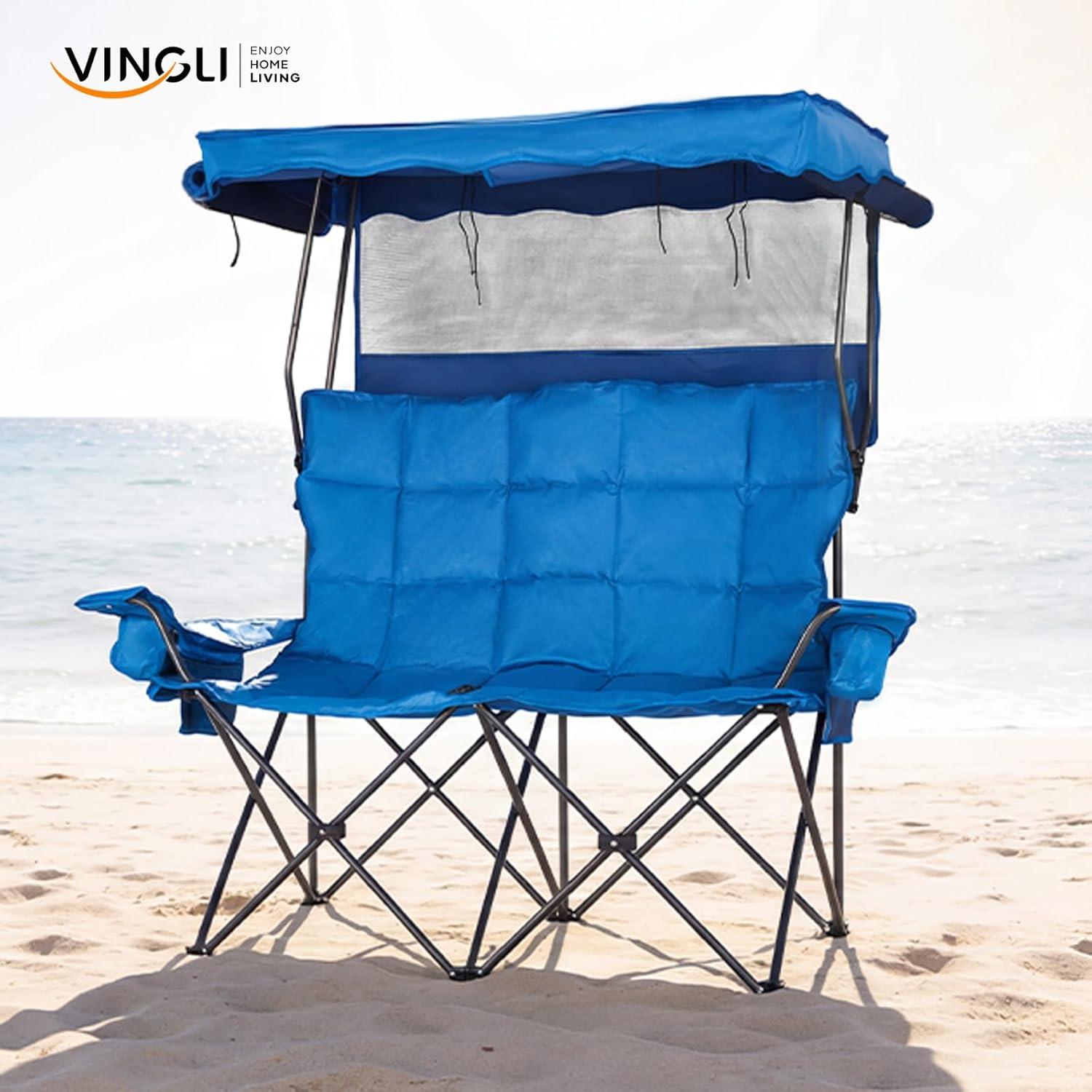 VINGLI Oversize Double Camping Chair with Canopy，Beach Chair with Canopy Shade, Portable Camping Loveseat with 2 Storage Bags for Outdoor Soccer Sport Events, Beach, or Camping