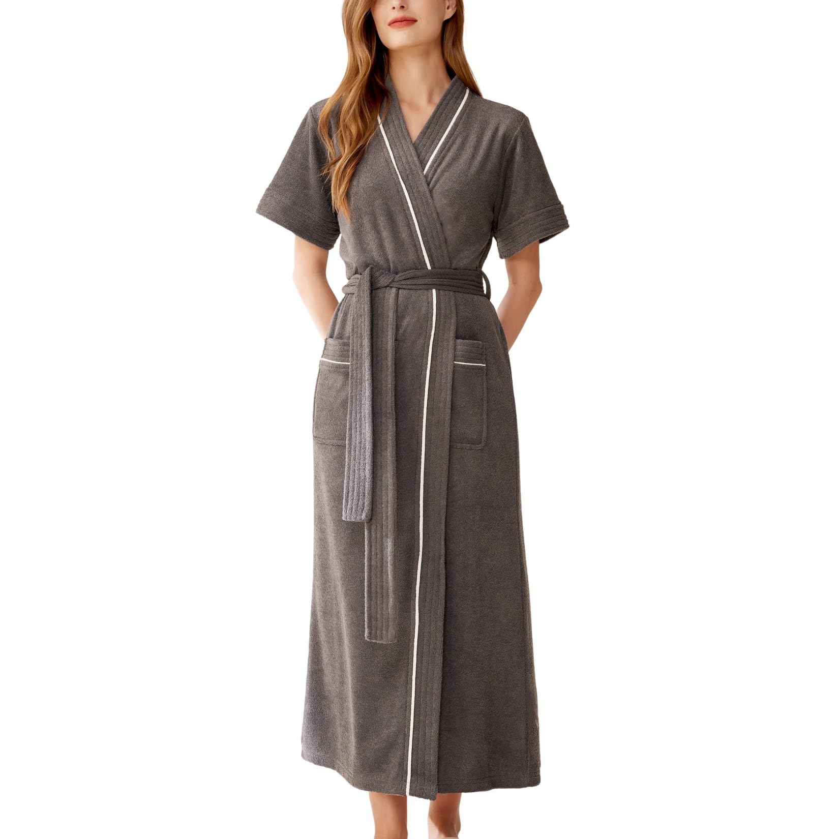 Homgro Women's Long Robe Short Sleeve Bathrobe Billowy Bath Robes Belt Loops Lightweight Calf Length Pocket