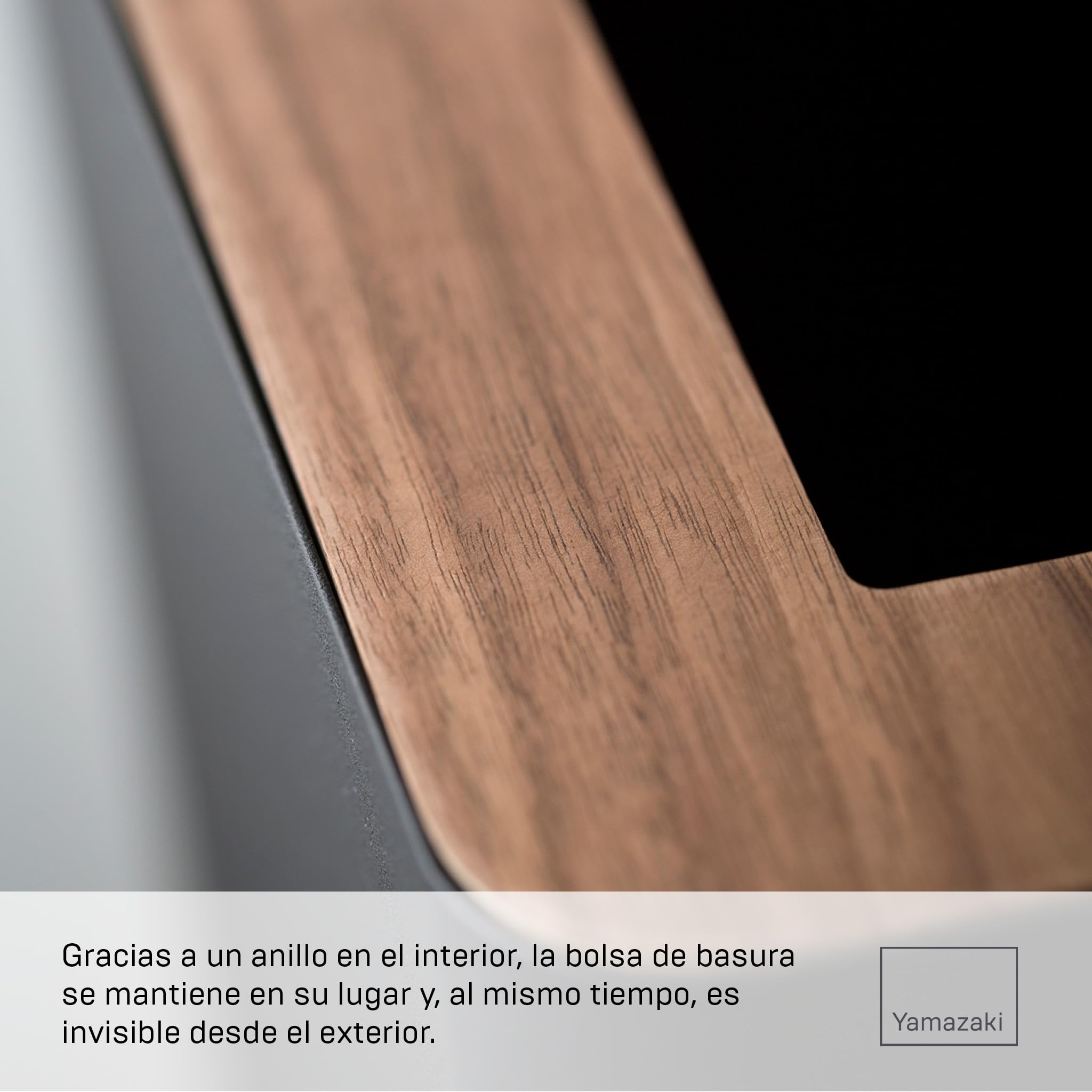 YAMAZAKI 3195 RIN Papelera rectangular, negro, acero/madera, diseño minimalista, 28 x 15 x 30 cm (L x An x Al)