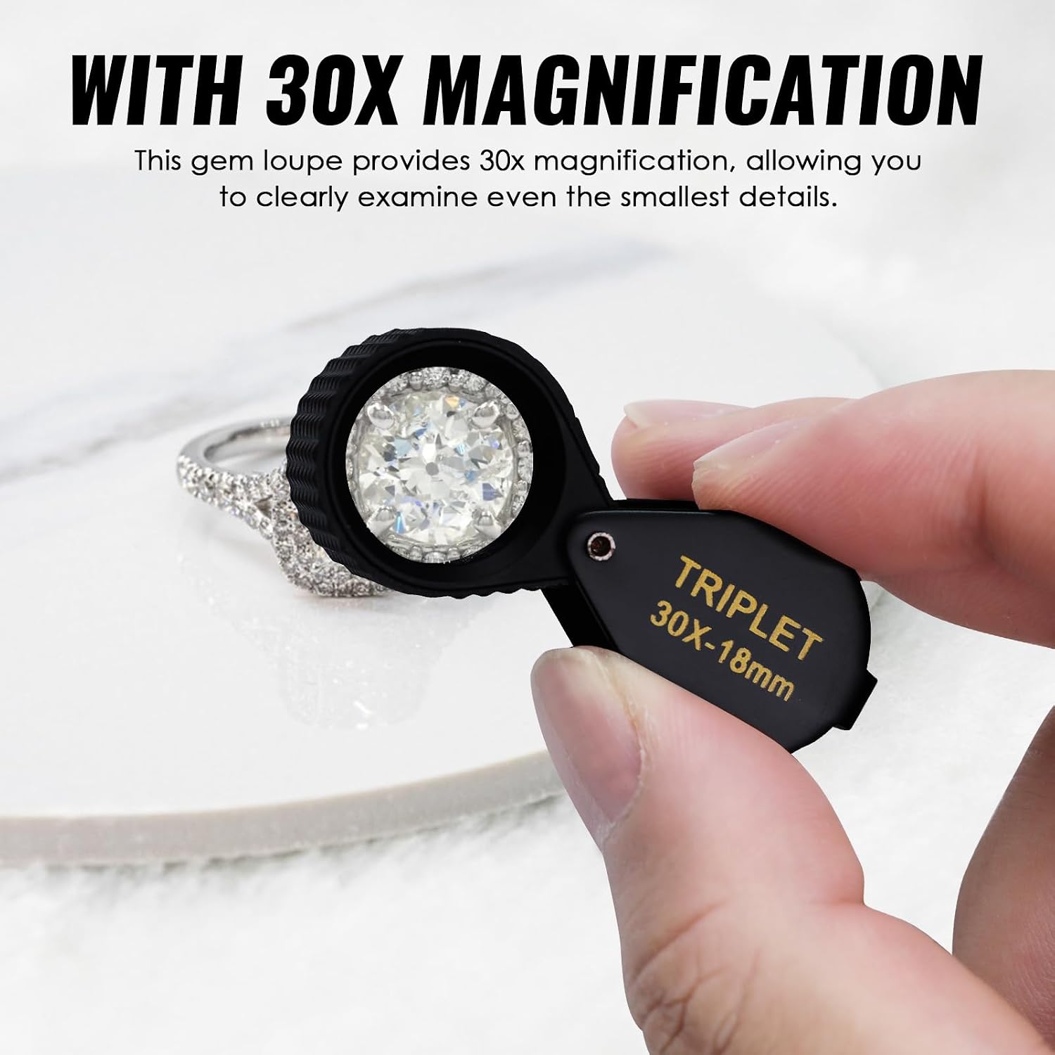 30X Magnification Jewelers Loupe Pocket Jewelry Loupe 18mm Optical Glass Lens, Foldaway Design, Metal Construction, Battery-Free for Jewelry Coins Gems Stamps Watches Hobbies