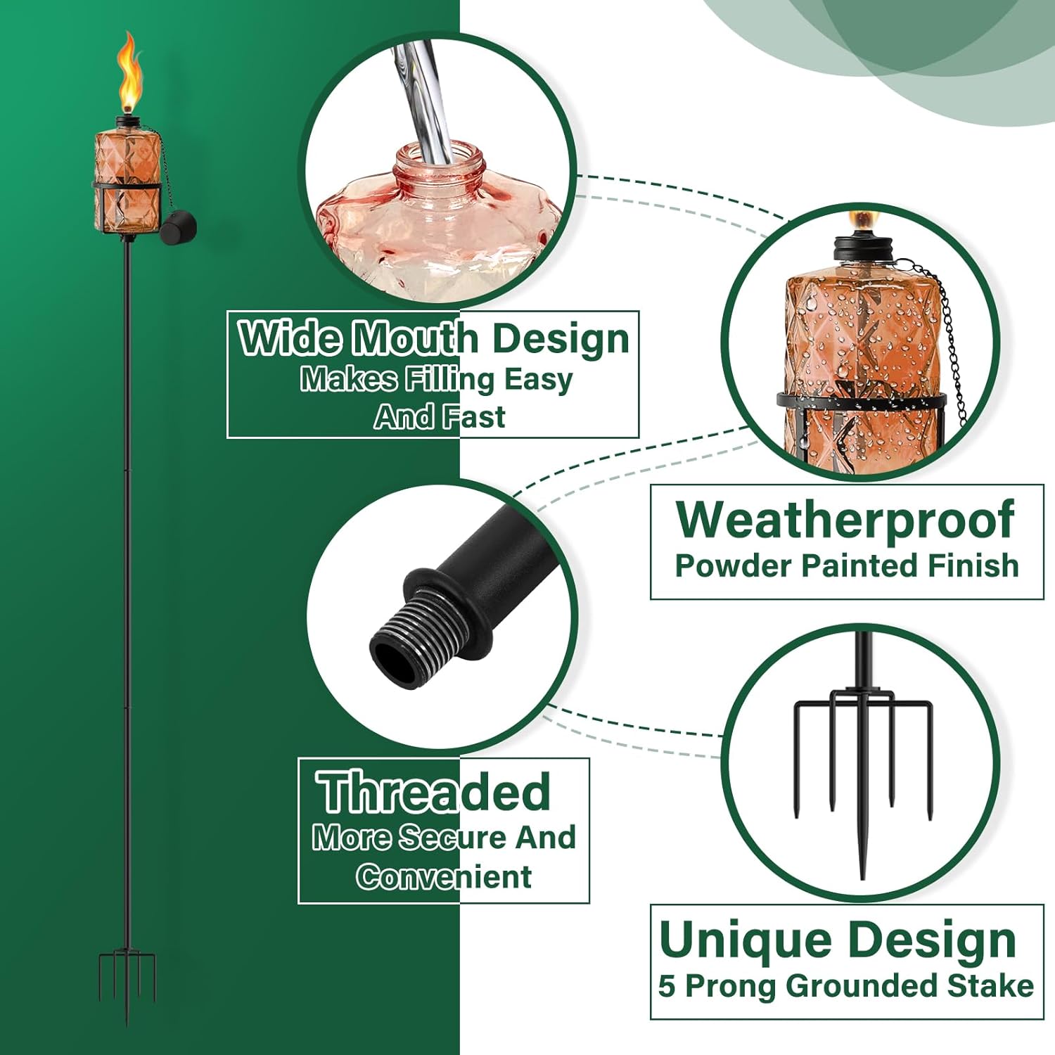 SNOGSWOG Glass Citronella Torches Set of 4, 12 Oz Outdoor Garden Torch with 5-Prong Grounded Stake, 59 Inch Glass Torch for Home Décor, Outside Torches for Backyard, Garden, Patio, Muti-Color