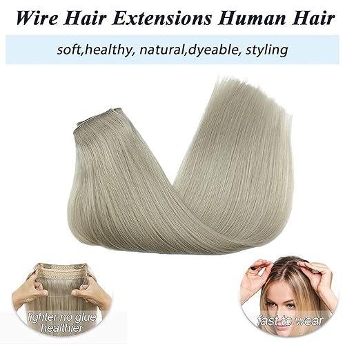 Miniatura 2 de GOO GOO Extensiones de cabello humano real con alambre, 12 pulgadas, 2.47 oz (70 g), color gris, extensiones de cabello con alambre invisible con