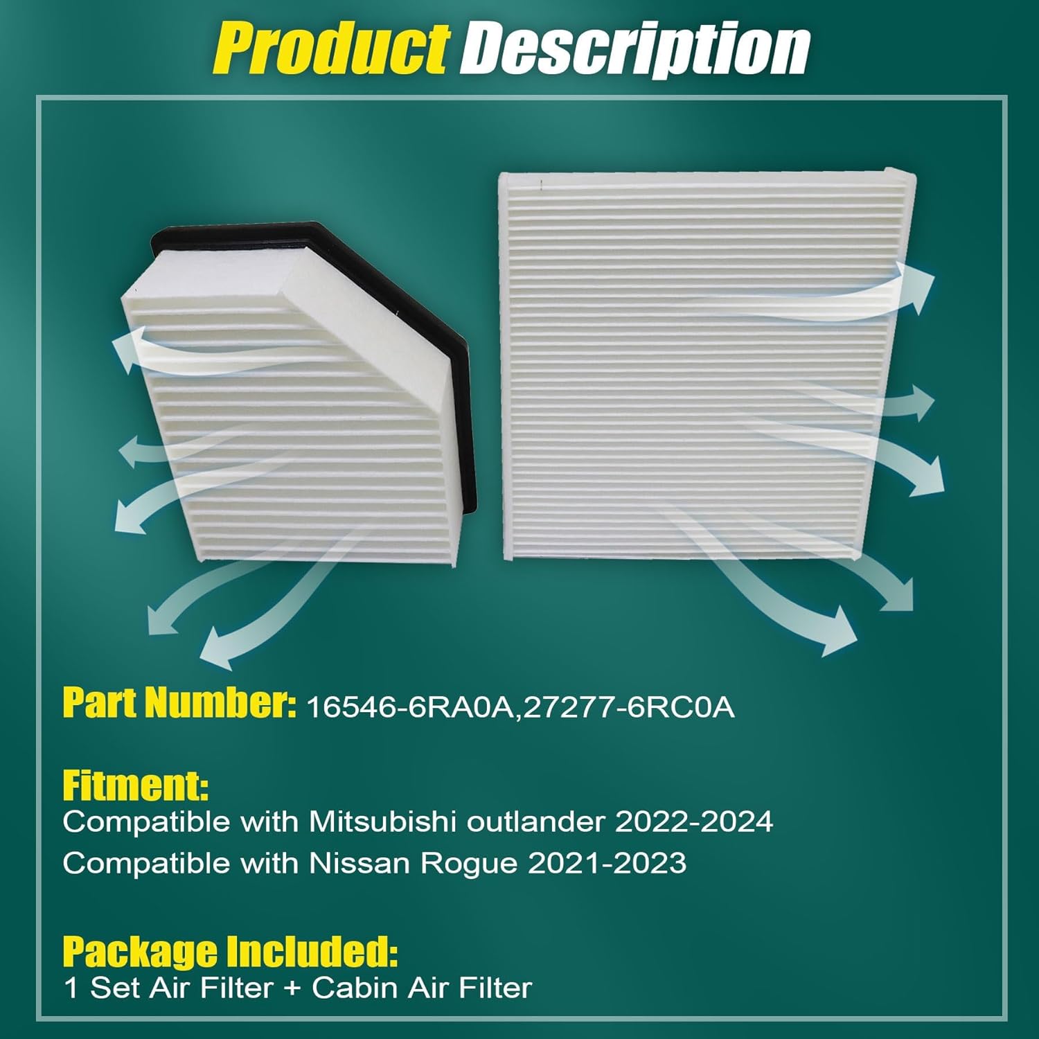 XQSMWF 16546-6RA0A 27277-6RC0A Engine Air Filter and Cabin Filter Combo Set Fit for Mitsubishi Outlander 2022-2024 fit for Nissan Rogue 2021-2023