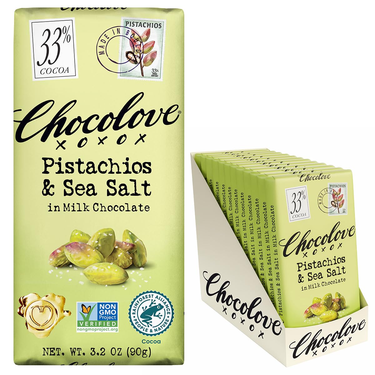 Chocolove Pistachios & Sea Salt in Milk Chocolate Bars | 33% Cocoa | Made with Creamy Chocolate | Sustainably Sourced, Non-GMO, 3.2 oz Bar (12 Pack)