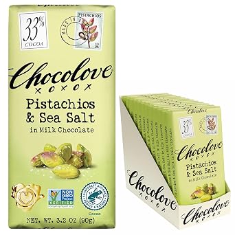 Chocolove Pistachios & Sea Salt in Milk Chocolate Bars | 33% Cocoa | Made with Creamy Chocolate | Sustainably Sourced, Non-GMO, 3.2 oz Bar 12 Pack