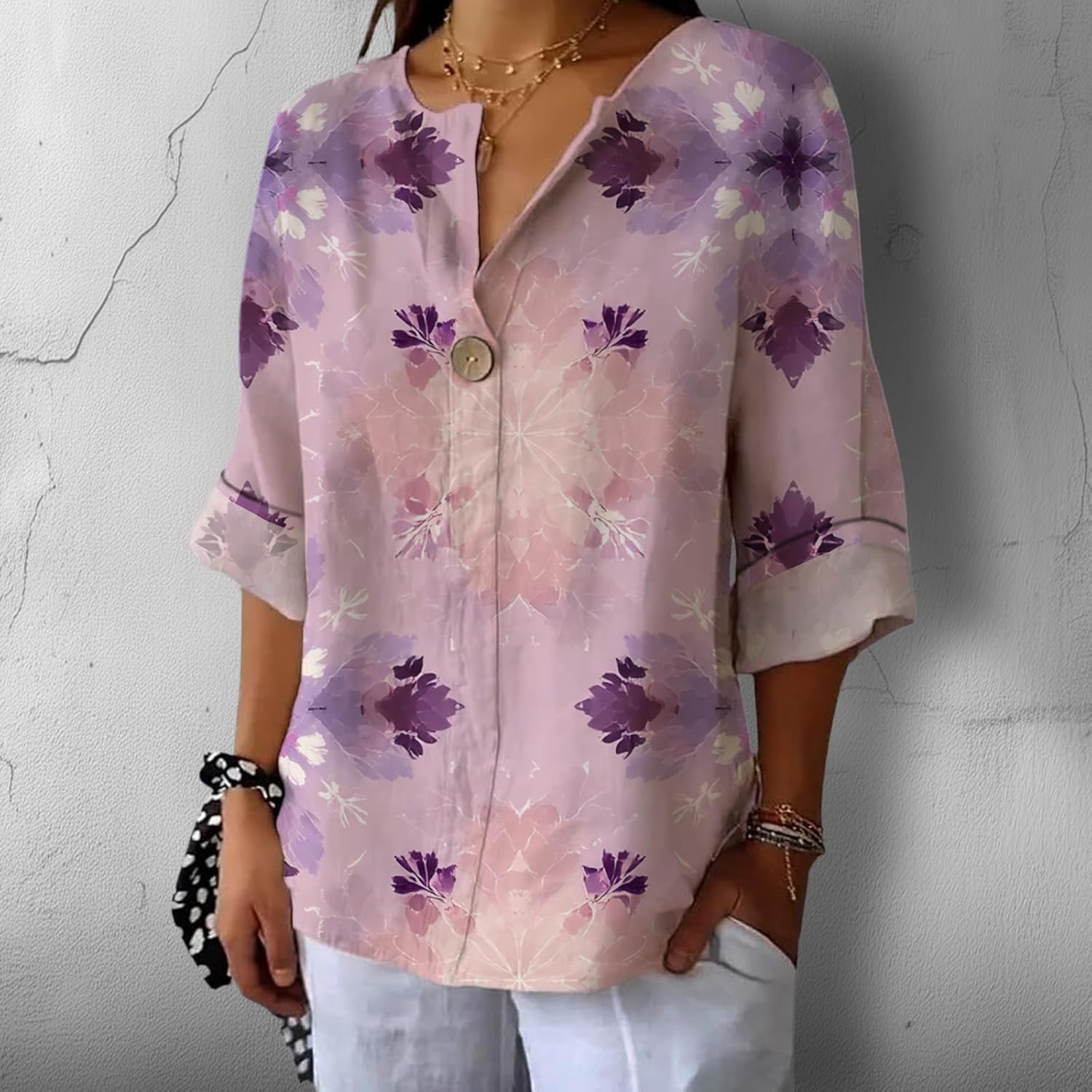 Oversized T Shirts for Women Floral Graphic Three-Quarter Sleeve V Neck Flowing Button Down Blouse Trendy Clothes - Image 2